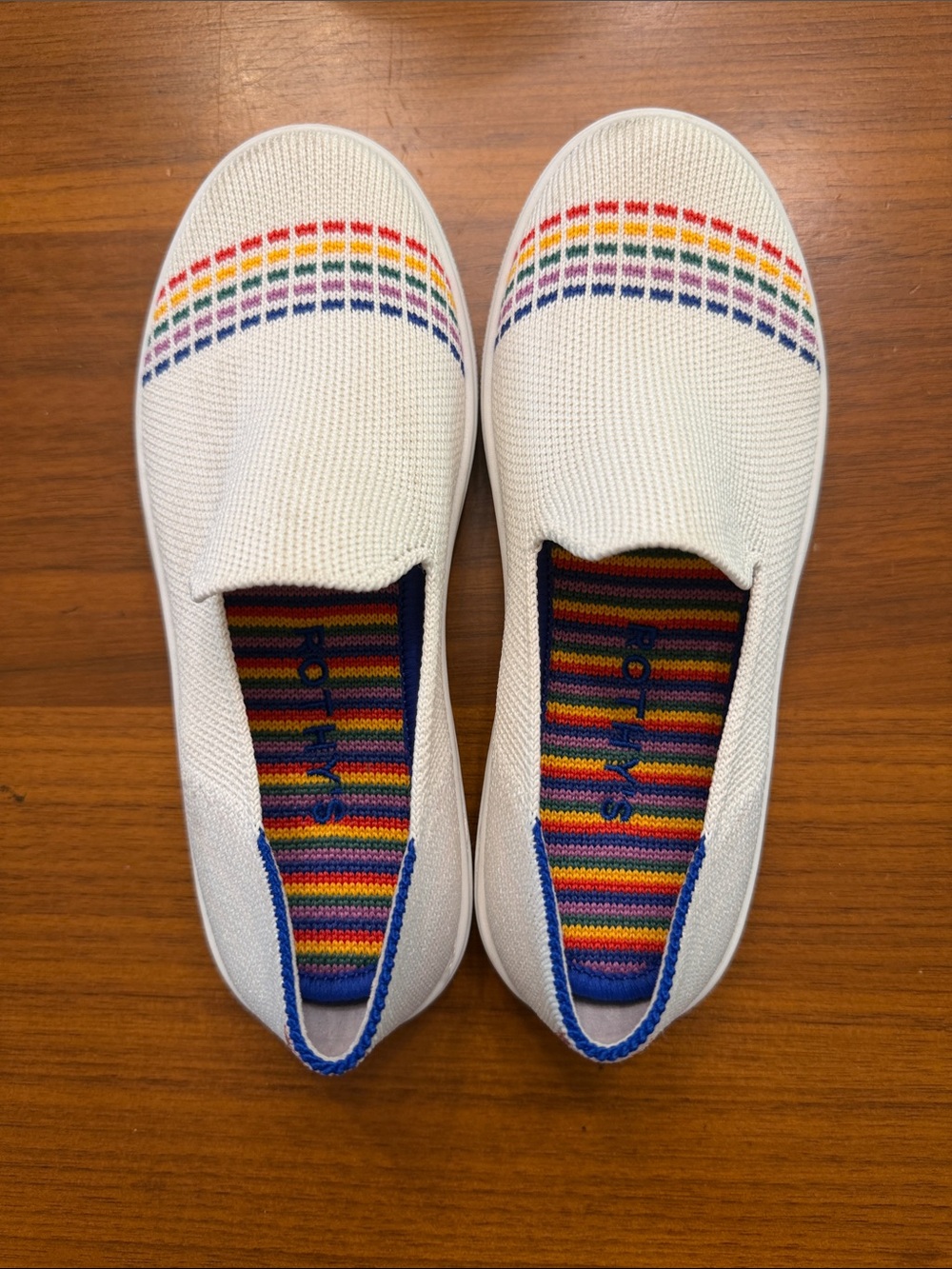 Rothy's White Kids Slip-On Sneakers with Rainbow Knit Stripes